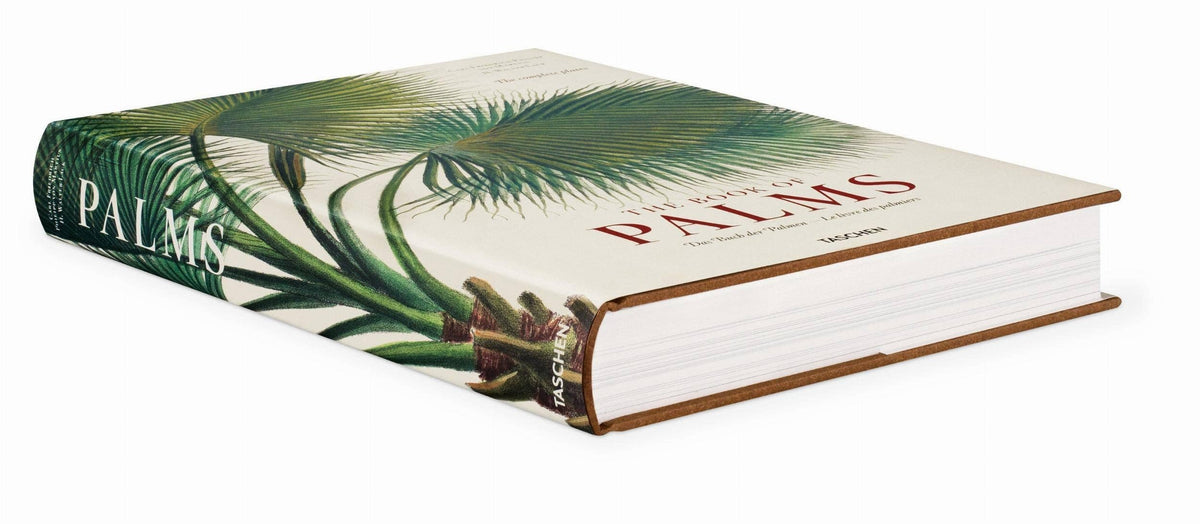 The Book of Palms lying flat, side view showing the thick page block and illustrated spine