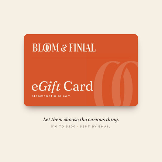 Bloom & Finial eGift Card in persimmon with the Bloom & Finial wordmark, $10 to $500, sent by email