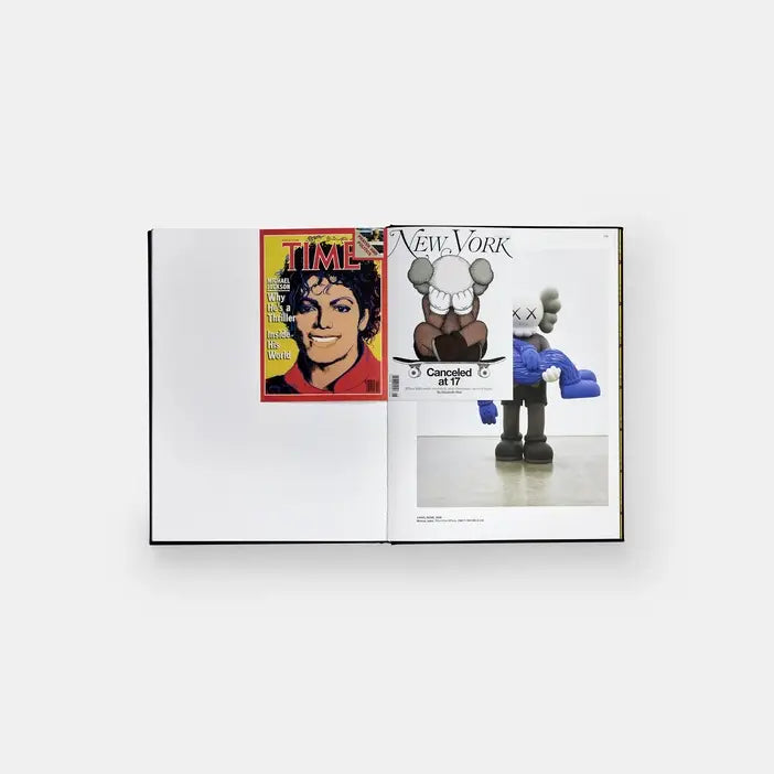 Open Kaws + Warhol spread with a Warhol Time cover of Michael Jackson and a KAWS New York magazine cover