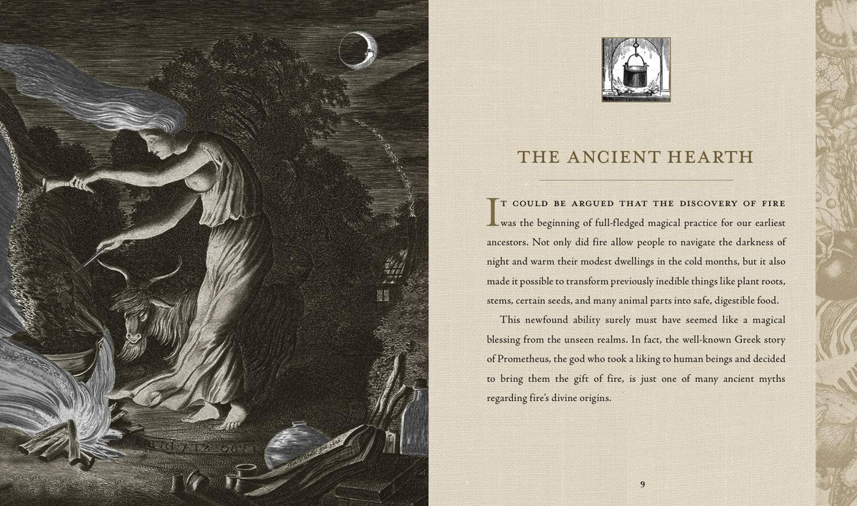 Wiccan Kitchen spread on The Ancient Hearth with an engraving of a woman tending a fire