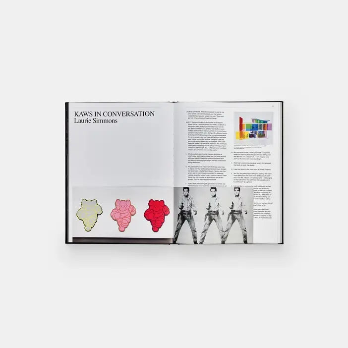 Kaws + Warhol spread titled KAWS in Conversation, Laurie Simmons, with KAWS shapes and Warhol Elvis images