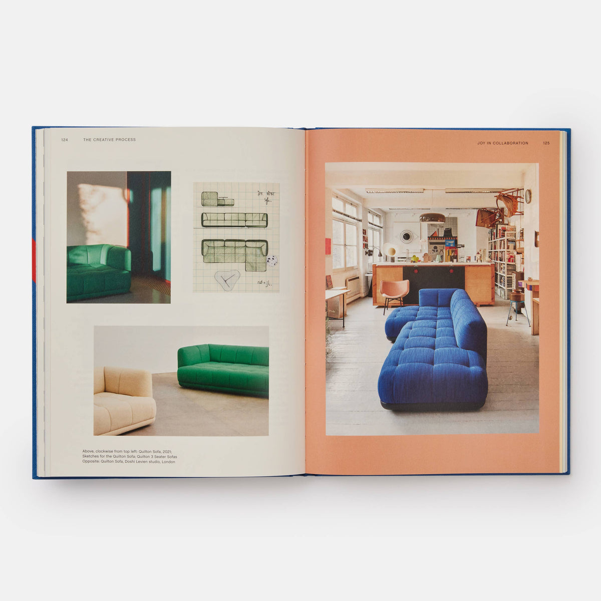 Open HAY book showing a green modular sofa, sketches, and a blue sofa in a loft