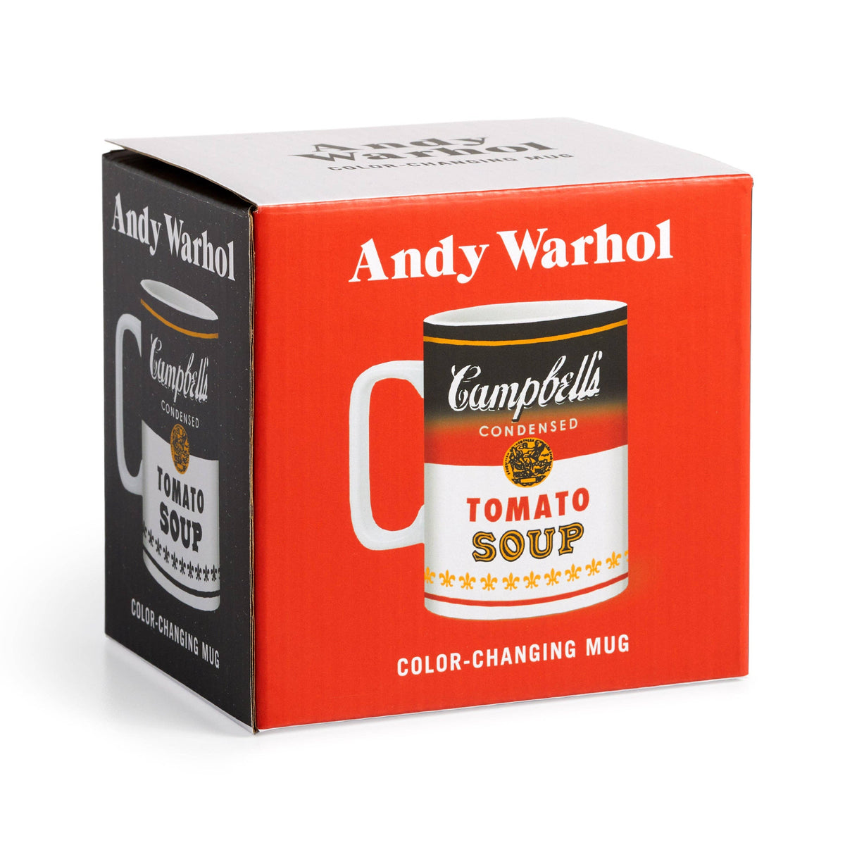 Warhol soup can color changing mug box, red front with a Campbell's Tomato Soup mug illustration