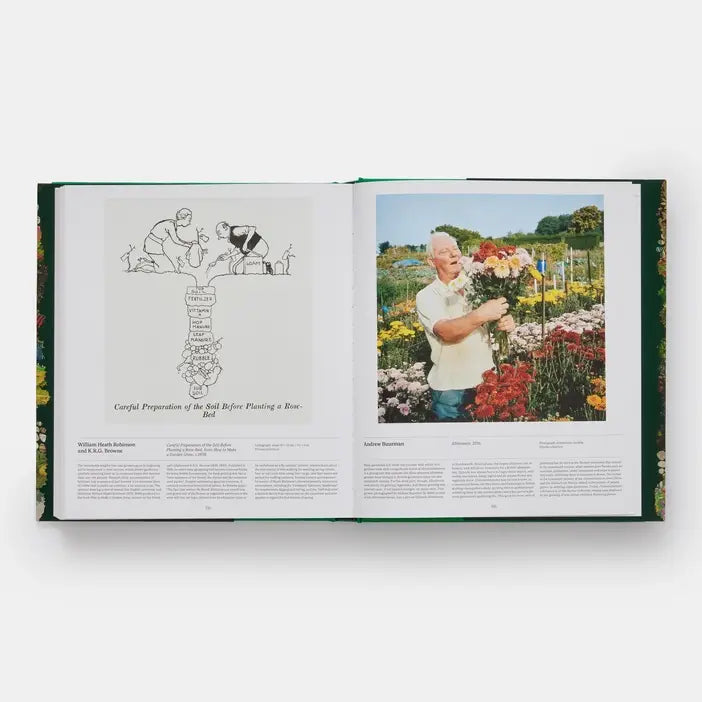 Open Garden spread with a cartoon about soil preparation and a man holding a bouquet of dahlias