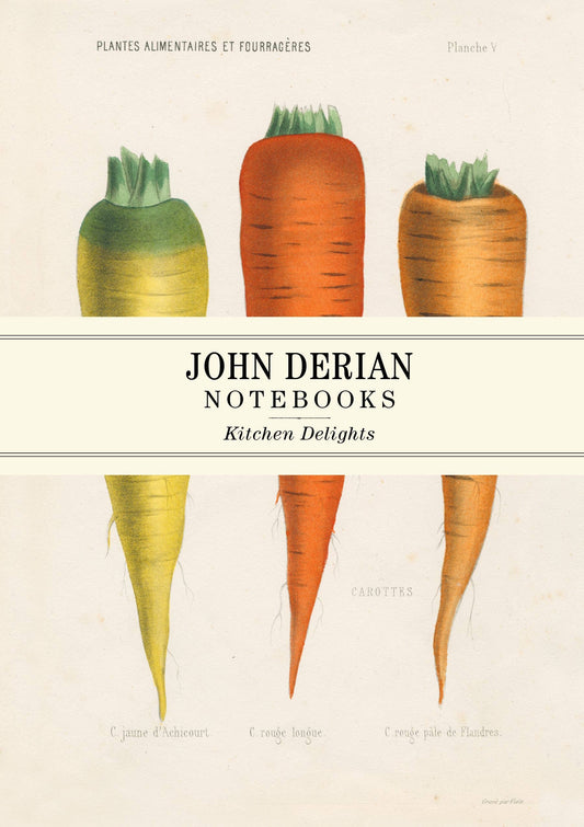 Close-up of the John Derian Kitchen Delights cover showing yellow, red, and orange carrot prints