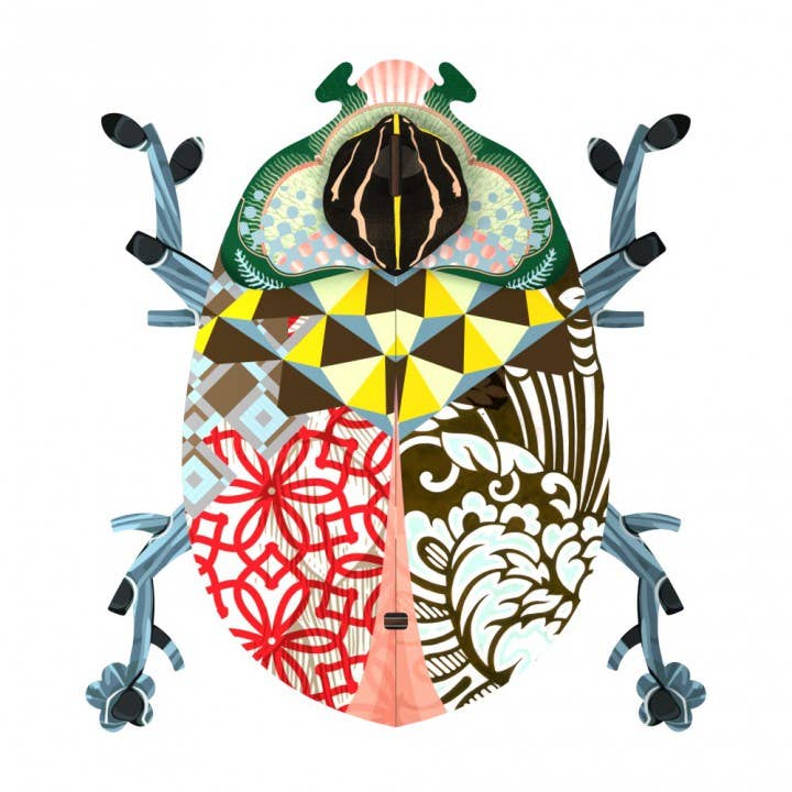 John Beetle wall cabinet closed, a colorful beetle with red lattice, floral and geometric patterns