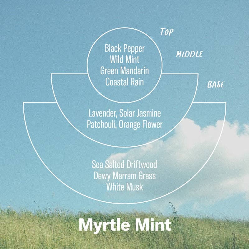 Myrtle Mint scent notes graphic: black pepper, wild mint, lavender, sea salted driftwood, white musk