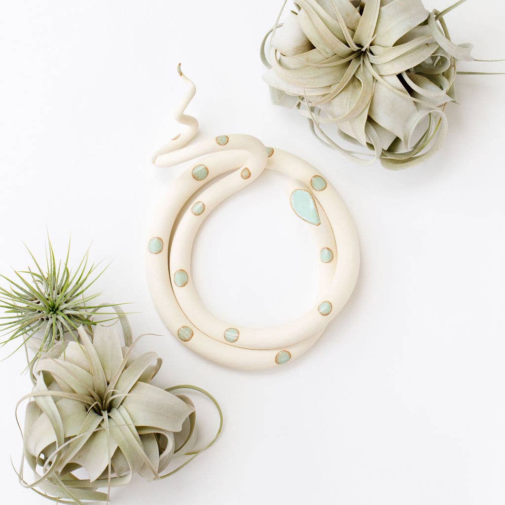 Coiled cream ceramic snake with mint green spots and a raised tail, shown from above with air plants
