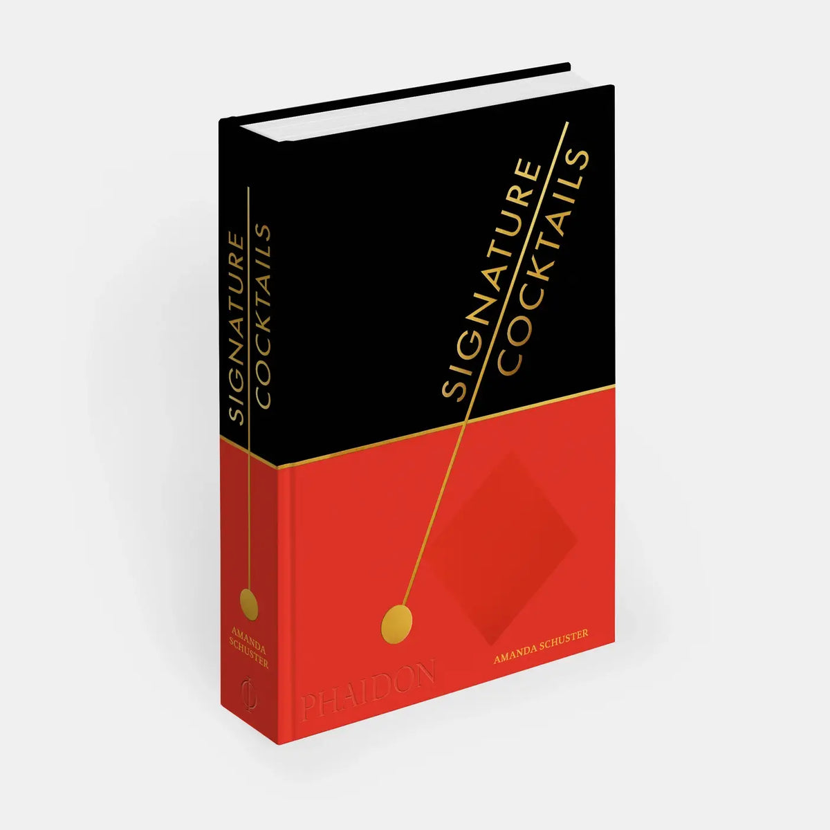 Signature Cocktails hardcover standing at an angle, black and red cover with gold title and cocktail pick