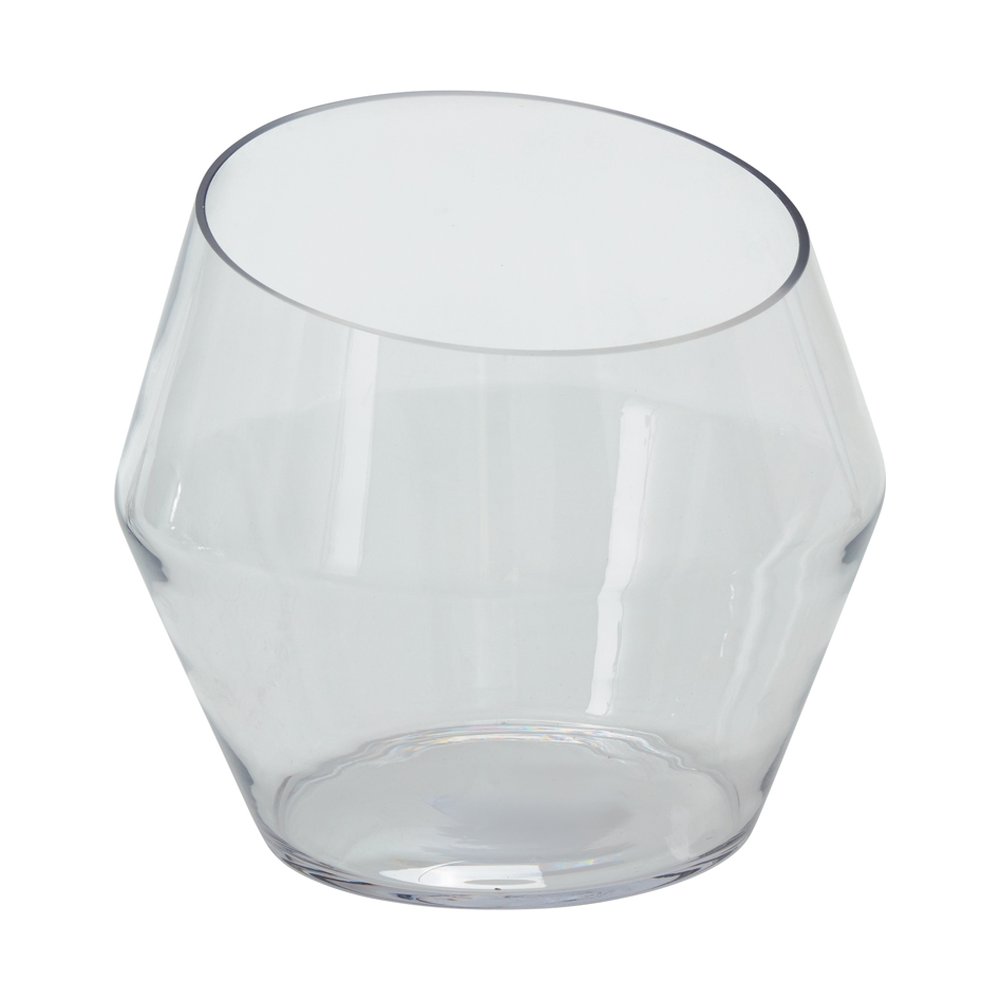 Tall Dynamic terrarium in clear handmade glass with an angled opening and faceted profile