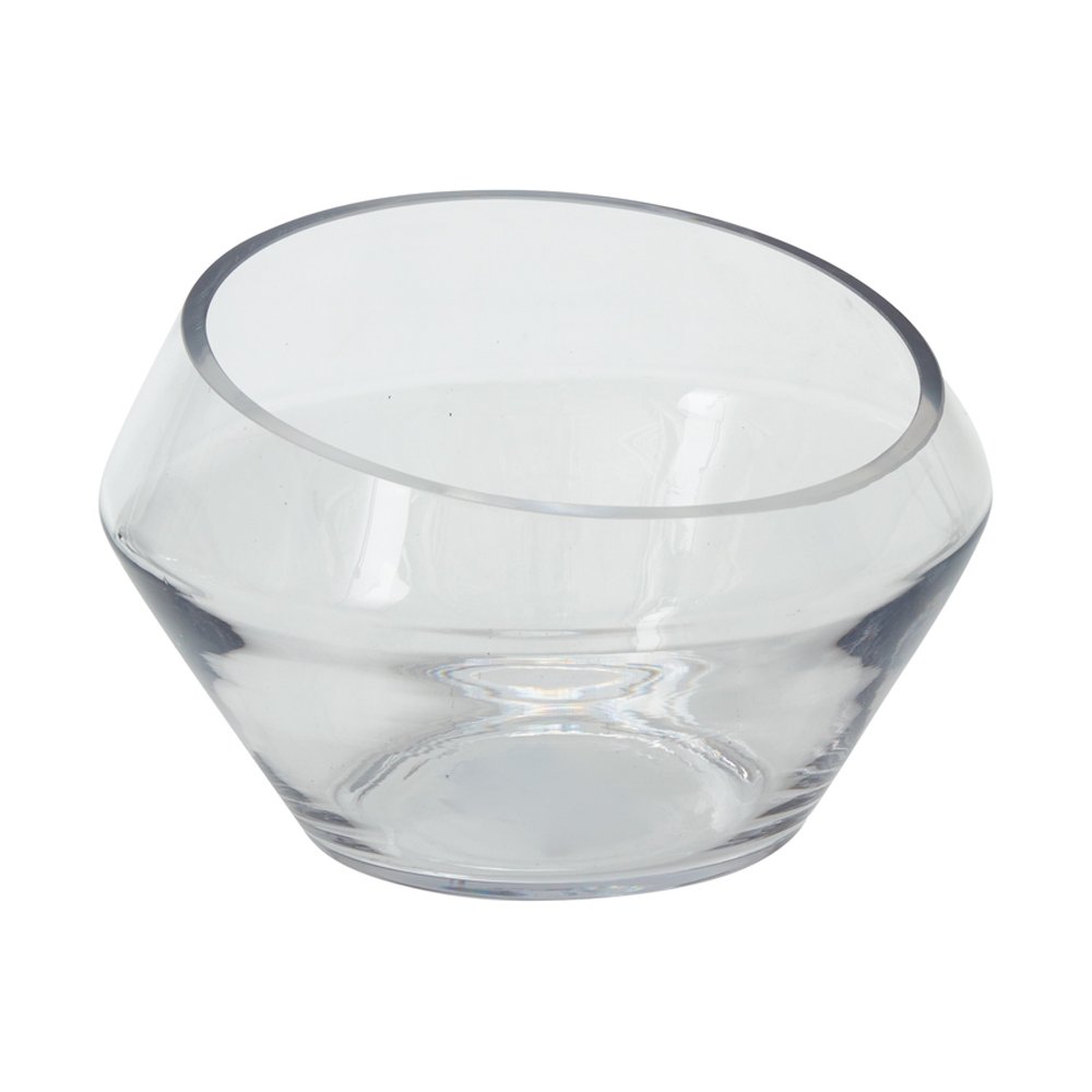 Short Dynamic terrarium in clear handmade glass with a flared base and angled opening