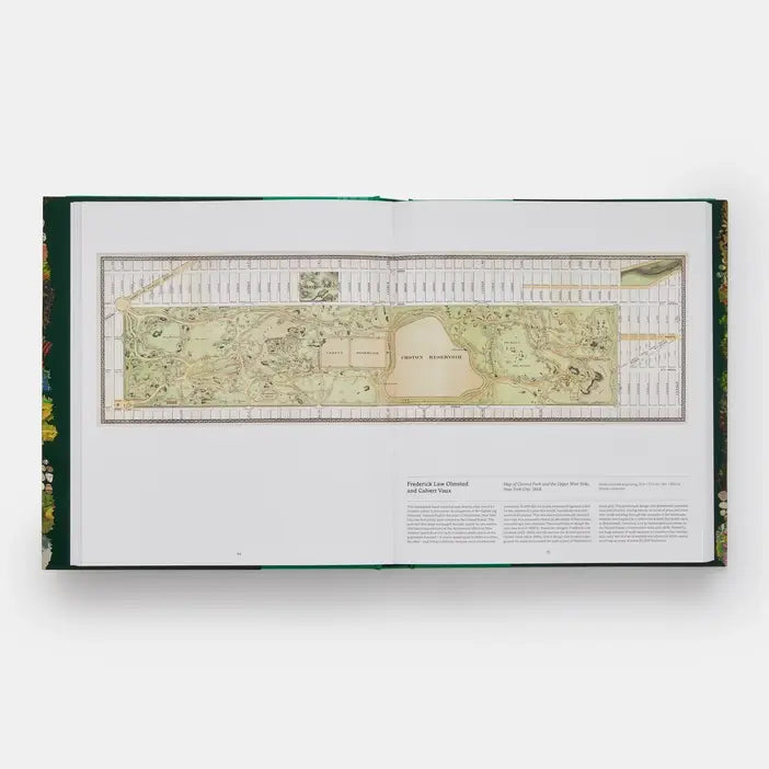 Open Garden spread with a long historical plan of Central Park across two pages
