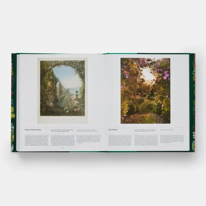 Open Garden spread with an arched garden painting and a photo of a flowering rose arbor