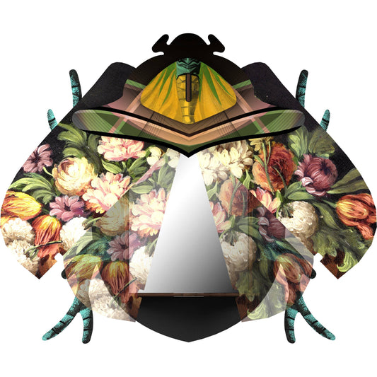 Keith beetle box with its floral wing doors swung open to reveal a mirror inside