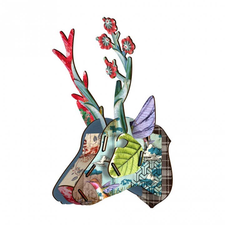 Eco deer head wall decor with patterned panels, a green leaf, and flowering branch antlers