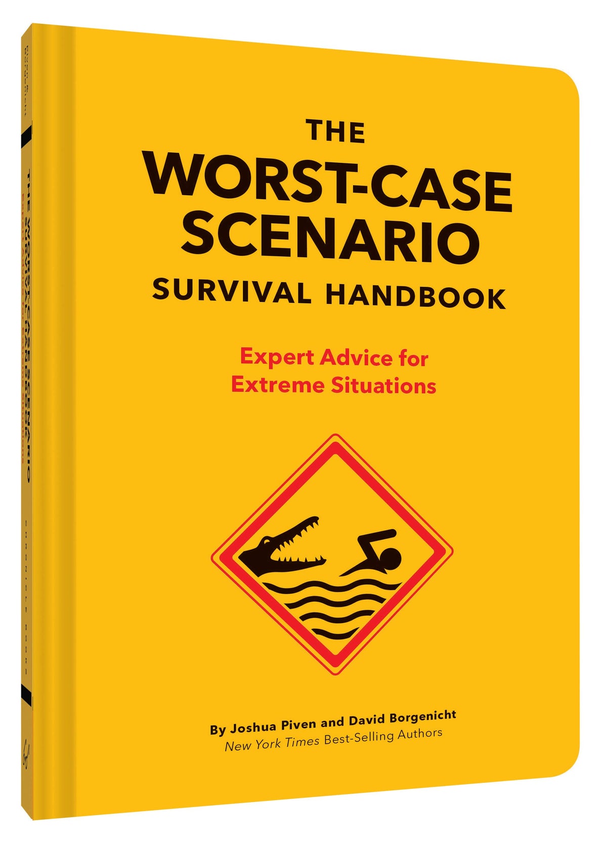 Worst-Case Scenario Survival Handbook standing at an angle, showing its yellow spine and front cover
