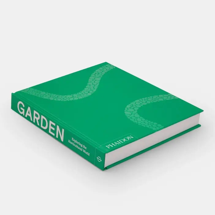 Garden book lying flat without its jacket, showing the green cover and spine title