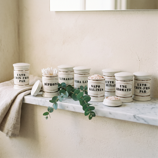 Eight white ceramic apothecary jars on a marble bathroom shelf with eucalyptus