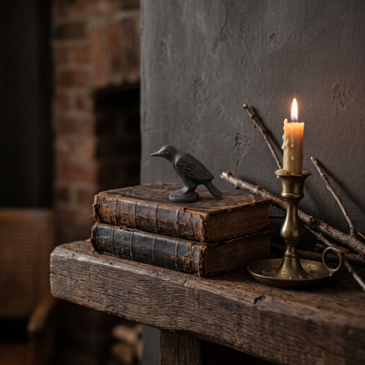 Black cast iron crow perched on old books beside a lit candle on a mantel