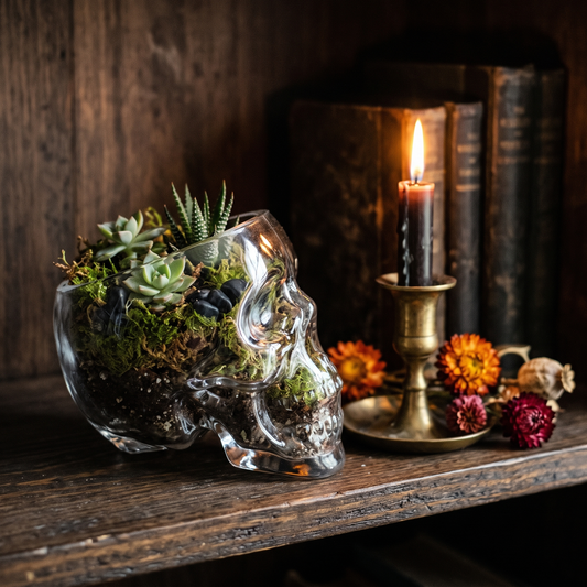 Reaper glass skull terrarium planted with succulents beside a candlestick on a dark shelf