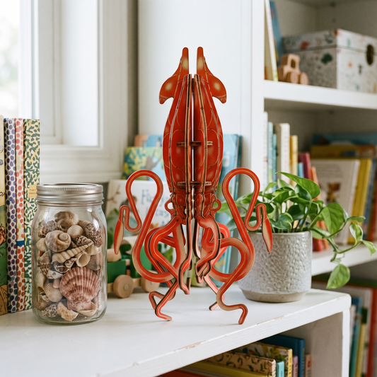 Assembled red-orange Mollusca Giant Squid wood model on a bookshelf