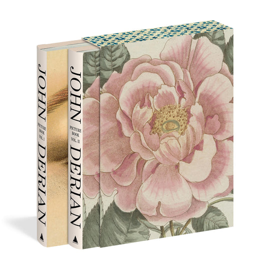The Picture Book Collection slipcase with both volumes pulled forward, showing the Vol. I and Vol. II spines beside the pink peony cover