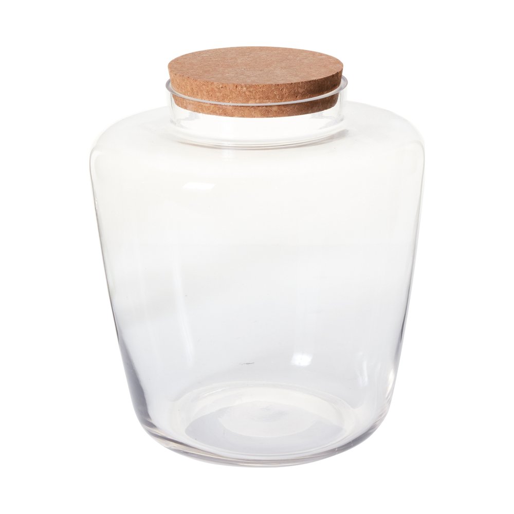 Large clear glass Message terrarium with a wide rounded base and natural cork lid