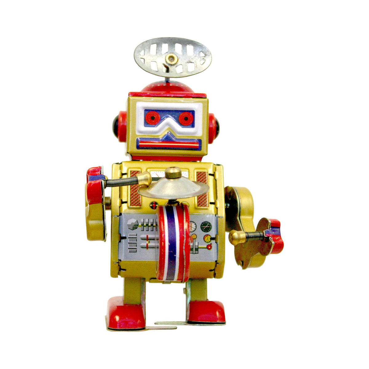 Drummer wind-up tin robot with drum, cymbal and dish antenna