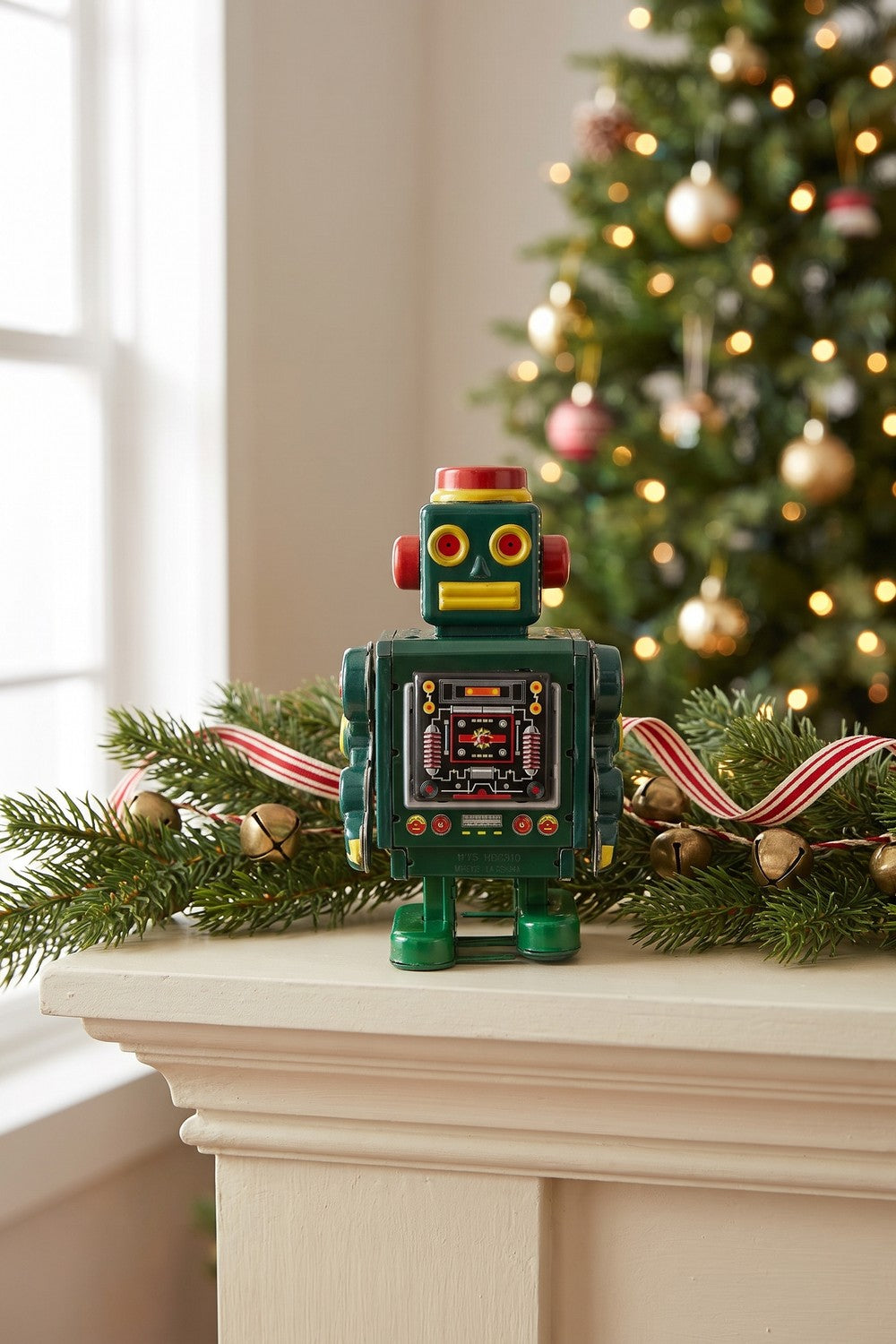 Green wind-up tin robot on a holiday mantel with evergreen garland