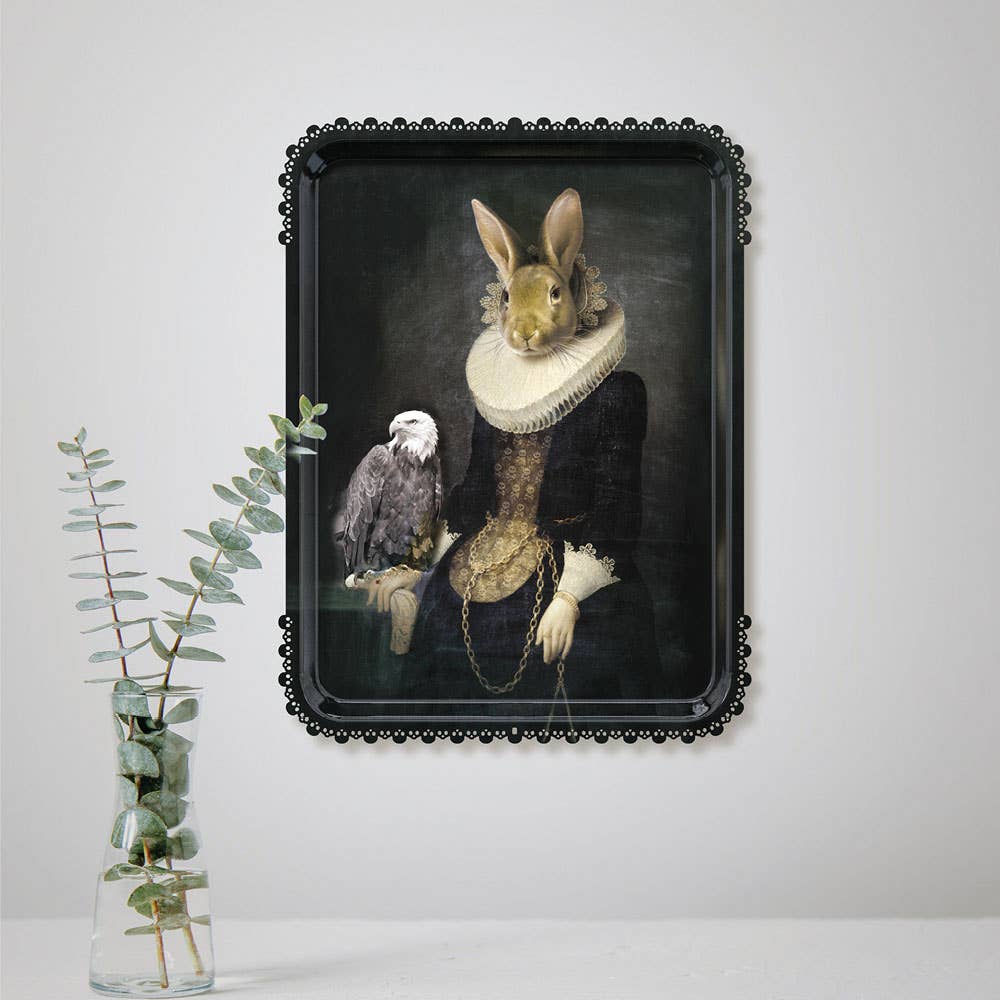 Zhao rectangular tray hung on a white wall: rabbit-headed lady in a ruff collar with an eagle on her hand