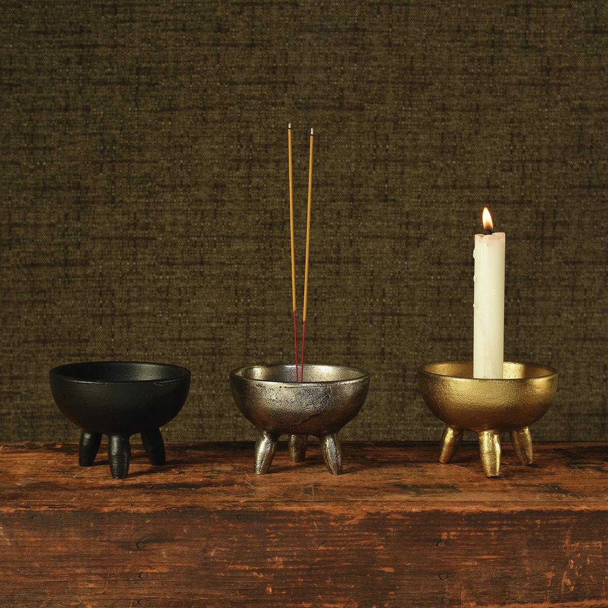 Set of 3 taper or incense holder on distressed wood