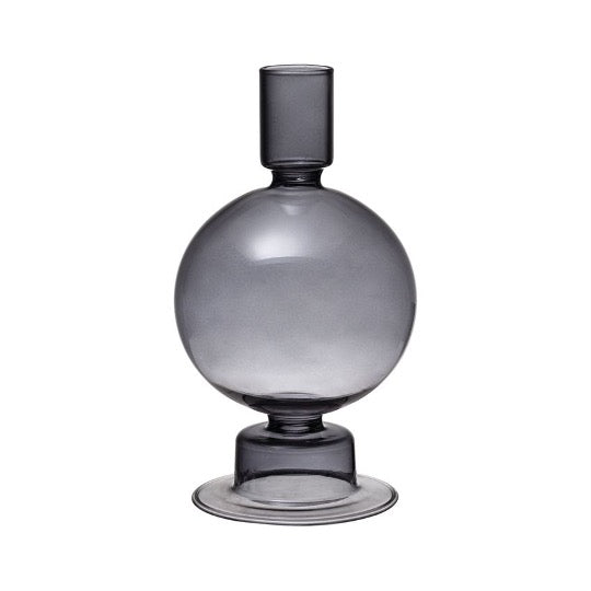 Smoke gray glass Camden taper holder and bud vase with a round bulb body, slim neck, and flared foot
