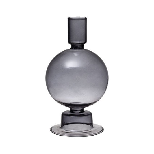Smoke gray glass Camden taper holder and bud vase with a round bulb body, slim neck, and flared foot