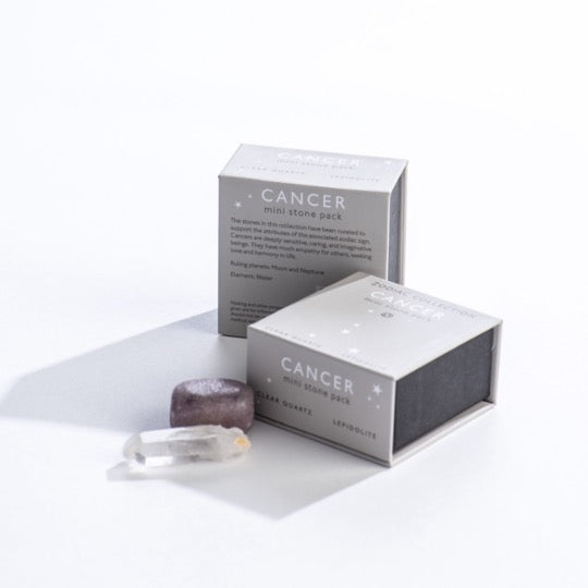 Cancer mini stone pack text on gray boxes with Cancer constellation pattern. Clear quartz and polished lepidolite stones in front. 