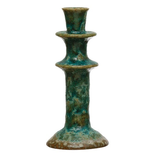 Caspian candle holder in mottled green reactive glaze with two ridged rings and a flared base
