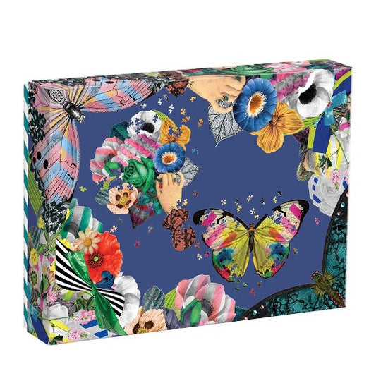 Christian Lacriox puzzle, whimsical illustration of butterfly, florals, female hands, striped patterns. 