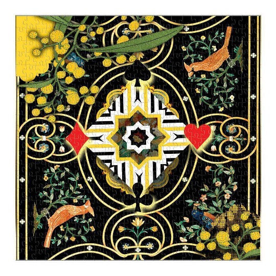 Christian Lacroix puzzle, whimsical illustrated art pattern with vines, birds, and hearts