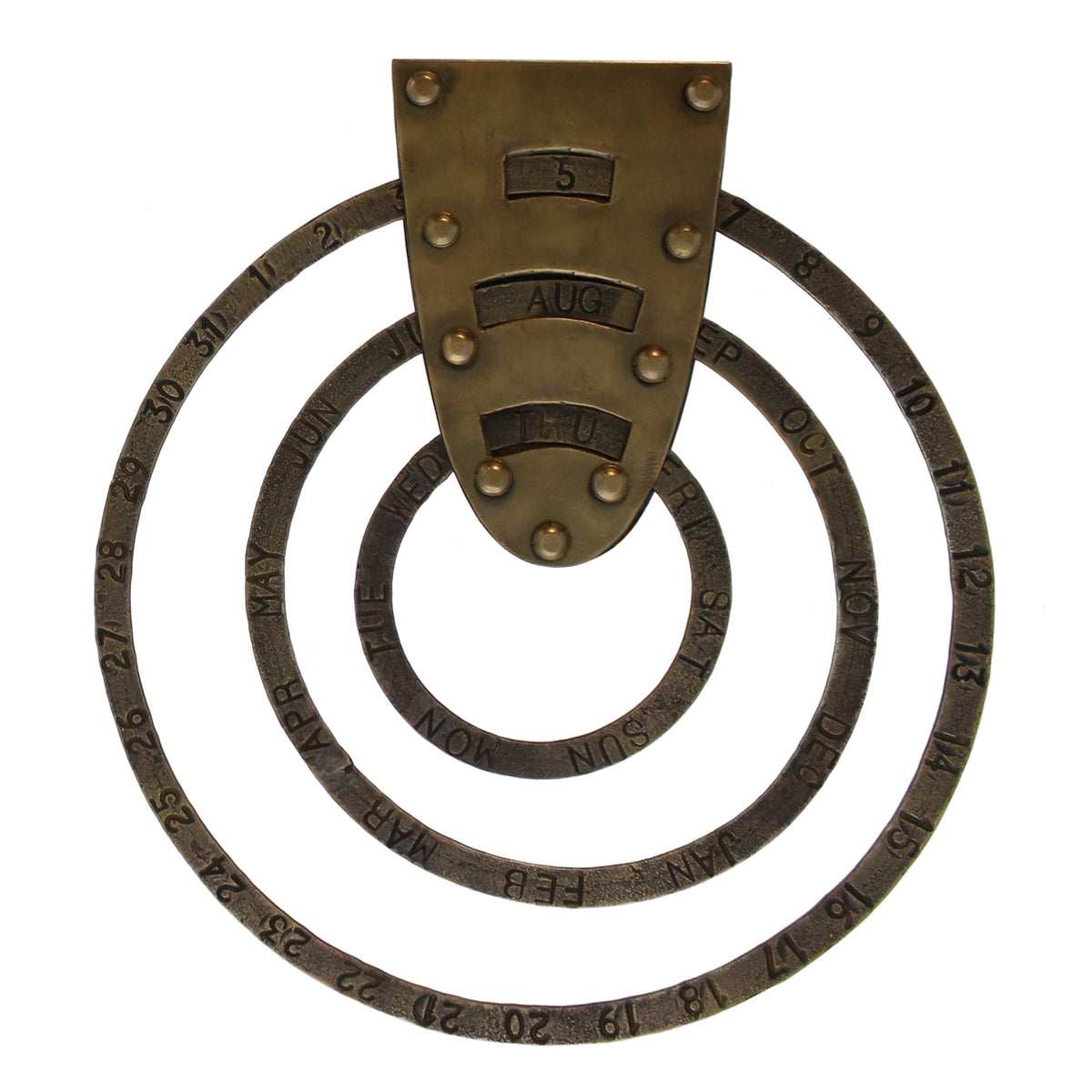 Brass perpetual circular calendar with three stamped rings for date, month and day, set to 5 Aug Thu