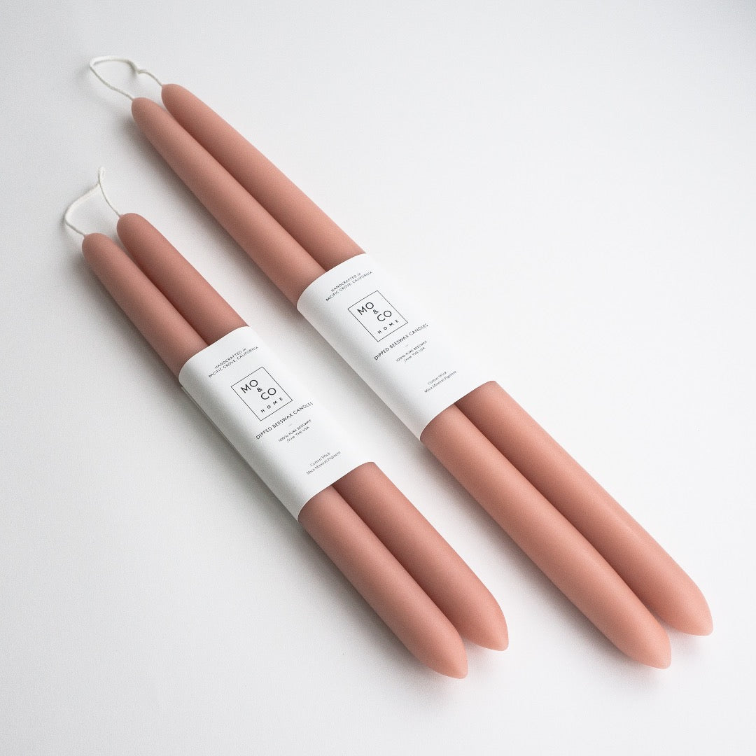 Pair of 10 inch and 14 inch dipped beeswax taper candles in terra cotta..