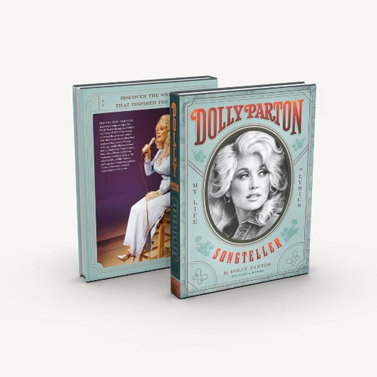 Dolly Parton Songteller shown front and back, the back cover with a photo of Dolly seated with a microphone