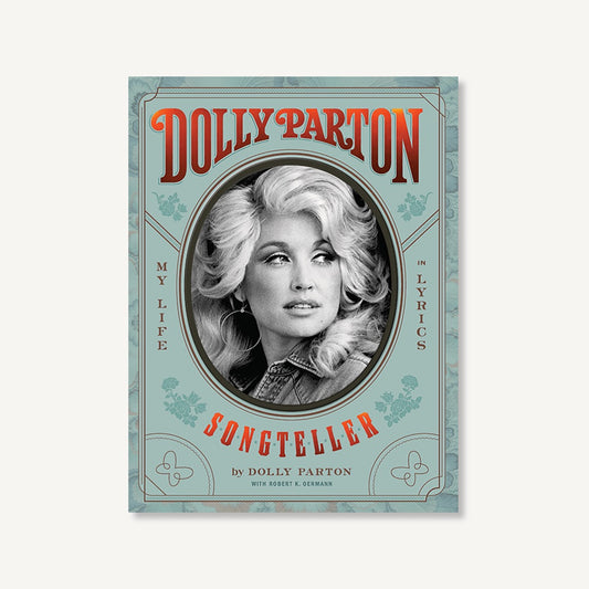 Dolly Parton Songteller: My Life in Lyrics cover, mint green with a black and white portrait in an oval frame
