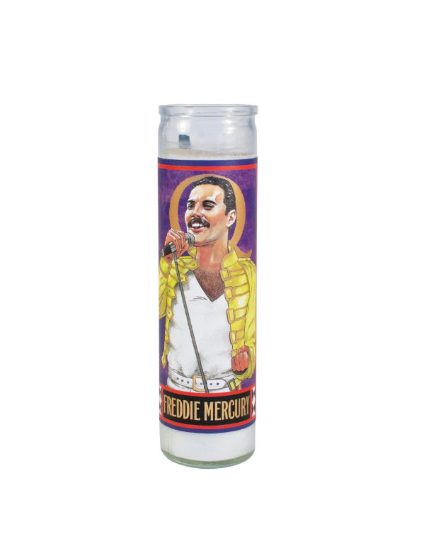 Close view of the Freddie Mercury candle label showing him singing at a mic stand with a gold halo