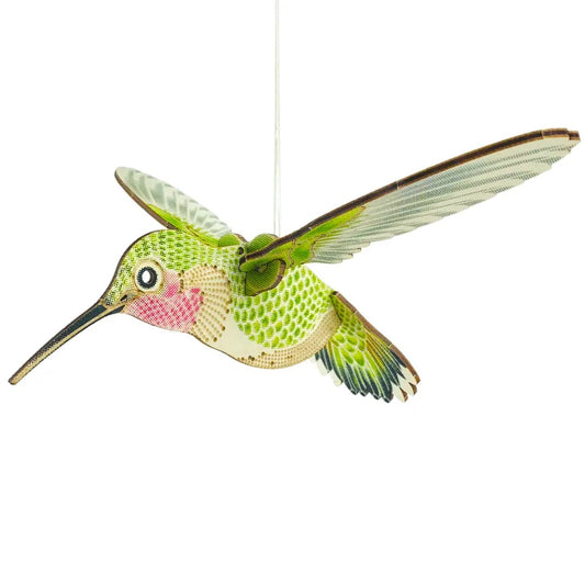 Hummingbird model mobile, green and pink printed wooden bird hanging in flight with wings spread