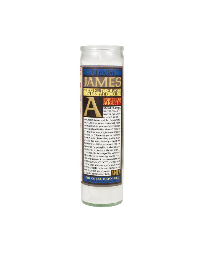 Secular saint candle of James Baldwin, back of candle with text. 