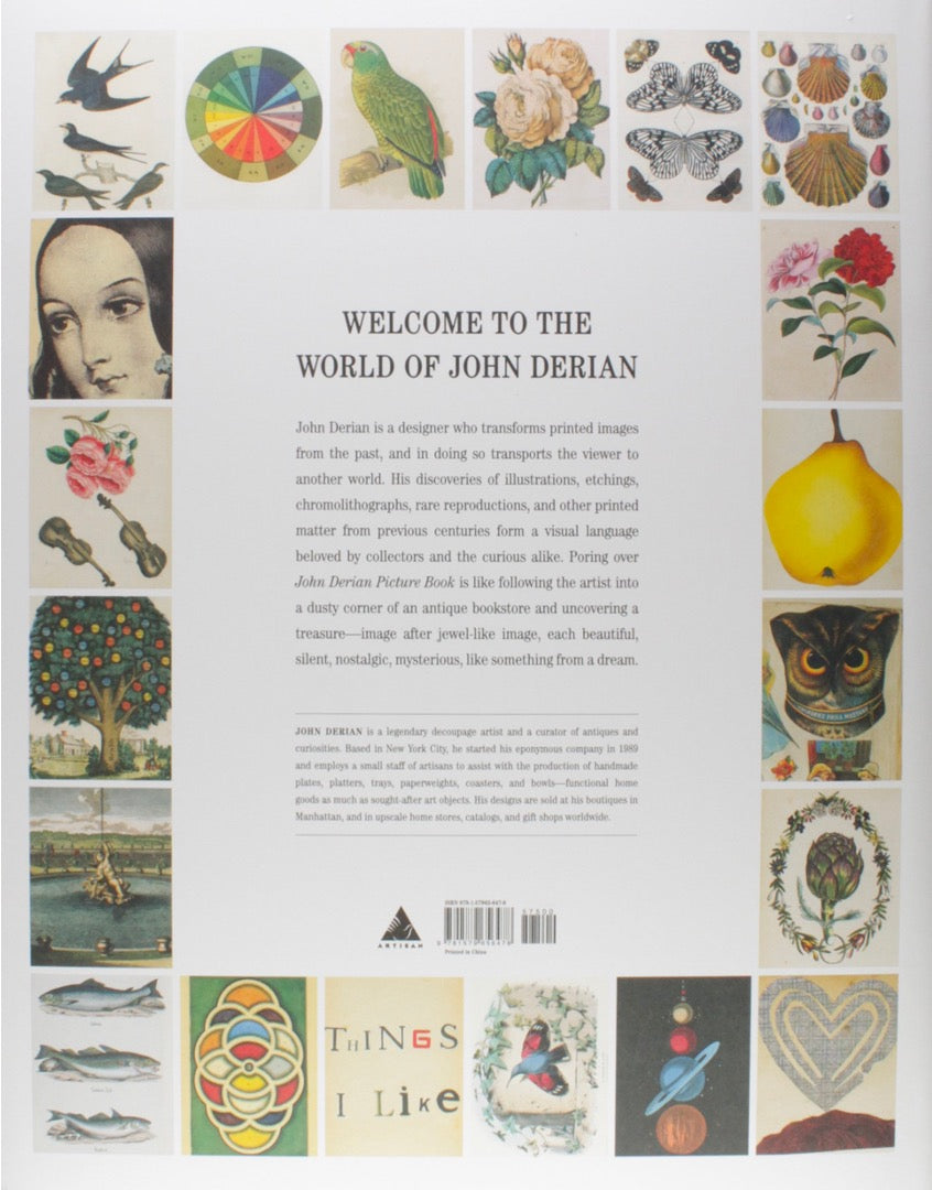 Back cover reading Welcome to the world of John Derian, framed by vintage images of birds, flowers and fruit