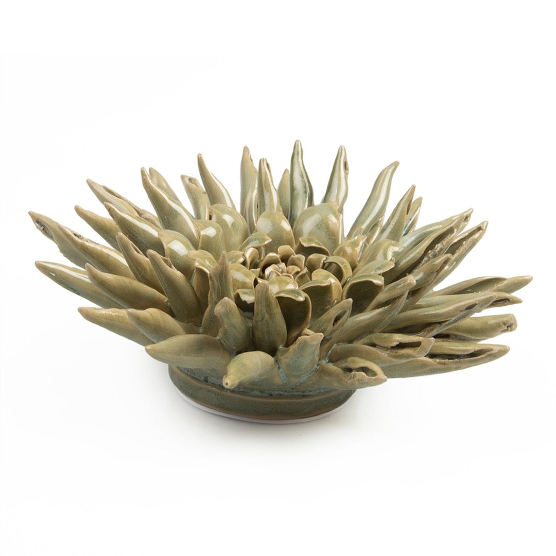 Ceramic large green flower, side view.