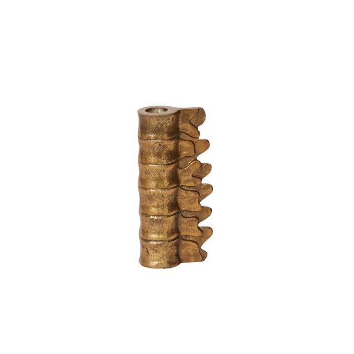 Metal lumbar candle holders in brass finish.