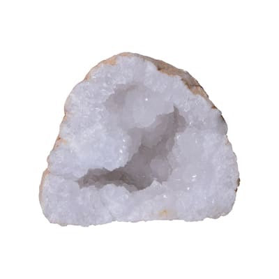 Natural quartz geode half with a hollow center lined in sparkling white crystals and a tan outer rind