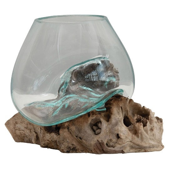 Glass vase molded over natural wood base