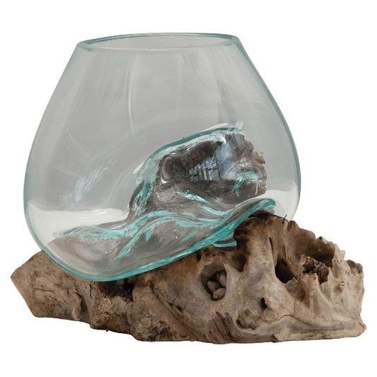 Glass vase molded over natural wood base